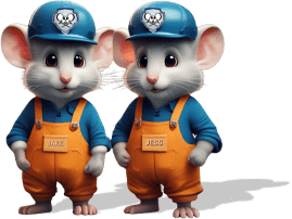 two cartoon mice wearing overalls and hats
