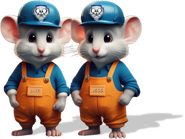 two cartoon mice wearing blue hats and orange overalls