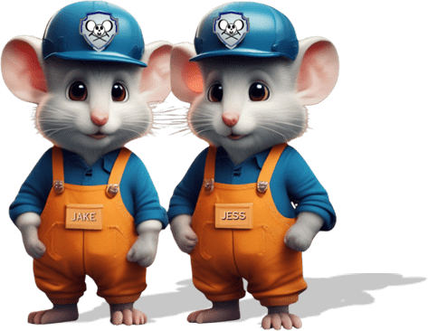 two cartoon mice wearing orange overalls and blue hats