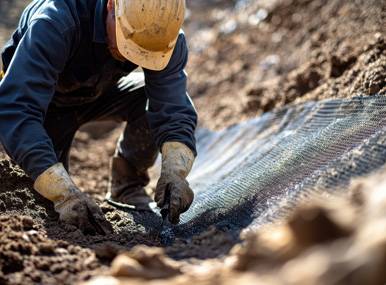 a man wearing a hard hat and gloves working on a construction site