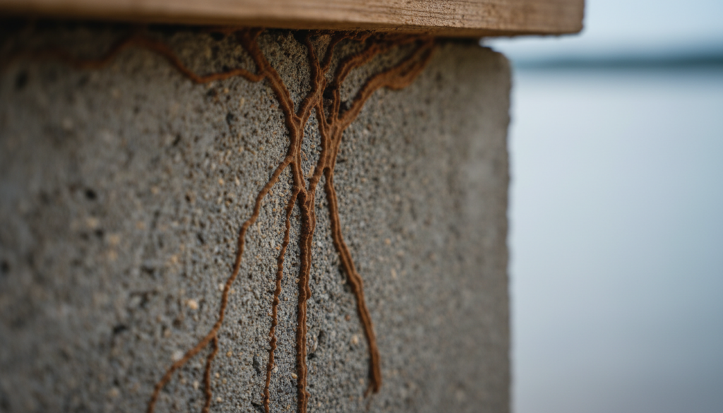 Termite mud tubes on a pier