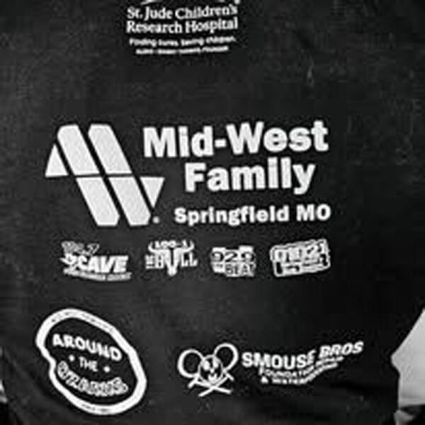 Black shirt with logos and text